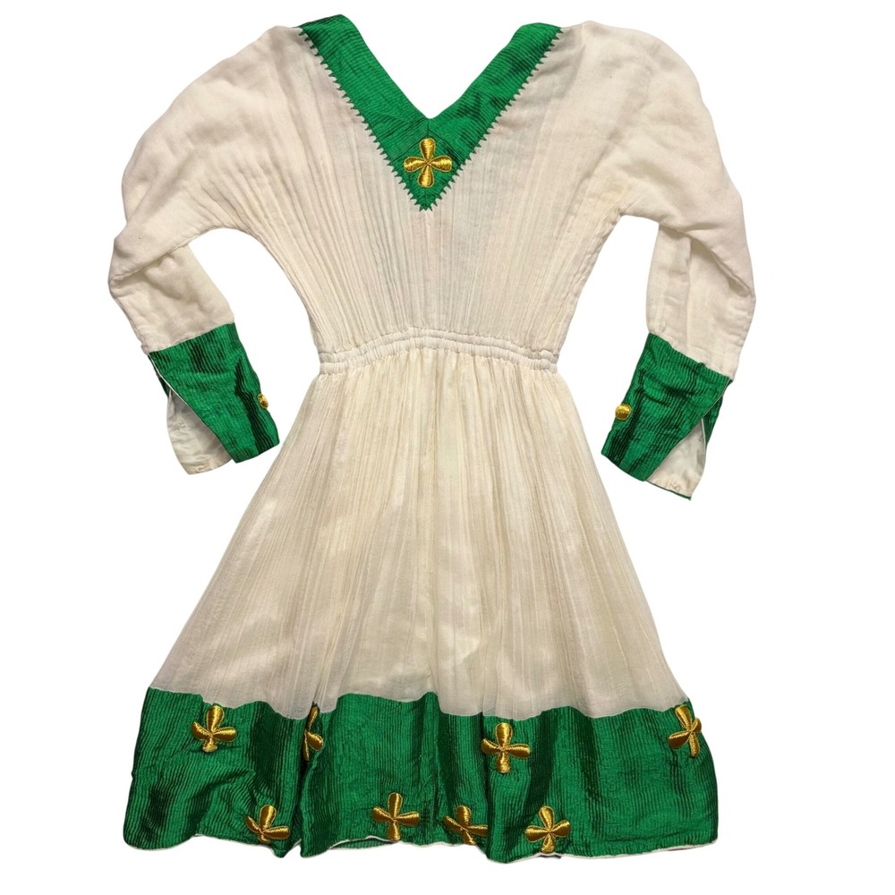 Vintage Ethiopian Habesha Kemis White Green Gold Embroidered Dress Cotton V-Neck
